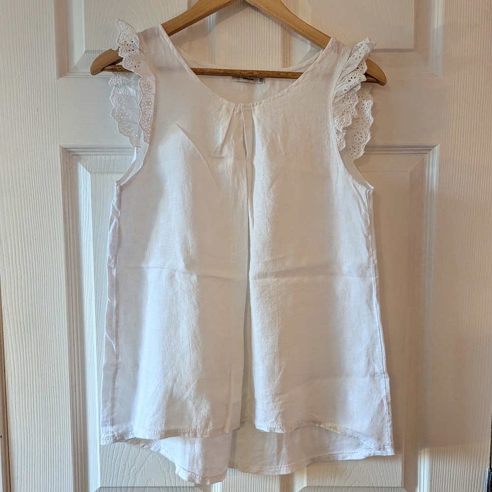 White Linen Top With Eyelet Trim (S)